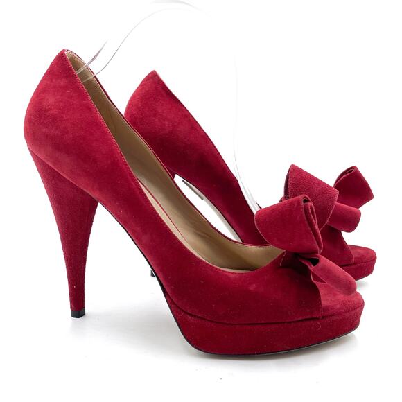 Valentino Pumps Red Suede Bow Stiletto‎ Peep Toe Heels Sz 39.5 / 9.5 - Picture 1 of 12